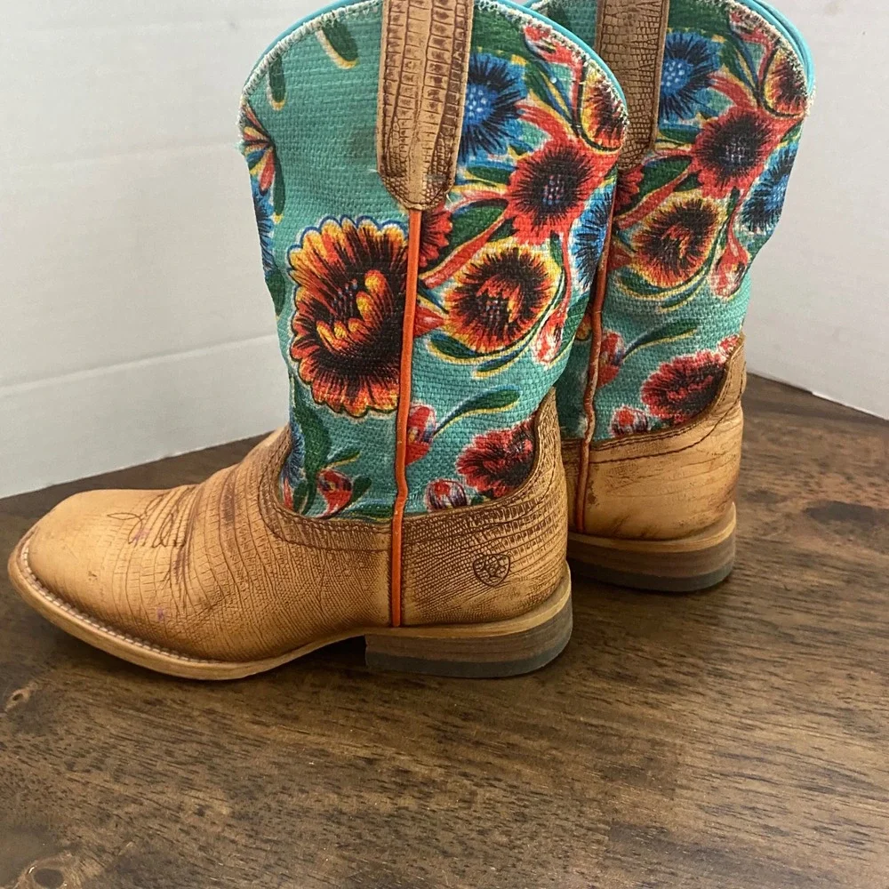 Ariat Kids Floral Western Boots Tan Leather Square Toe 10023078 Size 12.5